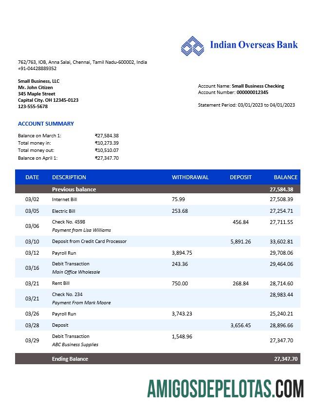 Imprimível Modelo de extrato de conta de organização bancária indiana no exterior, modelo Word e PDF